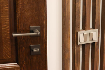 Wooden oak interior door, modern doorknob and switches. Wooden decorative oak planks on the wall. Modern interior, solid wood, neoclassicism.