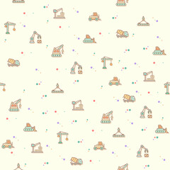 Seamless pattern with construction and crane icon on beige background. Included the icons as labor, truck, tools, bulldozer, machinery, concrete mixer truck and other elements.