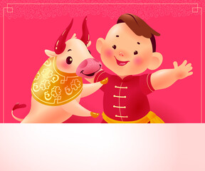 Chinese new year banner with happy boy character in oriental traditional hanfu suit, bull animal mascot, white paper sheet on pink backdrop. Text place, sale placard template. Vector illustration.