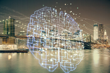 Brain hologram drawing on city scape background Double exposure. Brainstorming concept.
