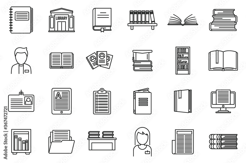 Poster university library icons set. outline set of university library vector icons for web design isolated