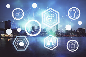 Multi exposure of social network theme drawing and cityscape background. Concept of people connecton.