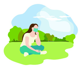 Obraz na płótnie Canvas Woman in medical mask sitting alone in the park. Flat style. Can be used during the prevention of coronavirus outbreak Covid-19. Vector illustration