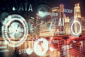 Data theme hologram drawing on city view with skyscrapers background multi exposure. Ai concept.