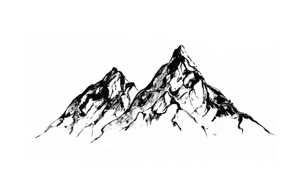 Mountains, rocky peaks. isolated on white. Hand-drawn by brush. Illustration. High quality photo