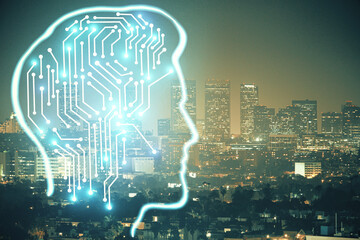 Brain hologram drawing on city scape background Double exposure. Brainstorming concept.