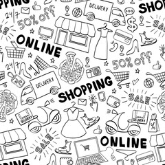 Online shopping hand drawn seamless pattern with lettering. Doodle e-commerce background. Vector illustration.