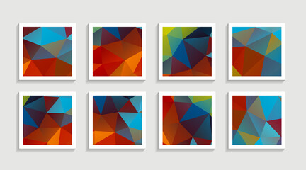 Modern mosaic low poly artwork poster set with simple shape and figure. Abstract minimalist pattern design style for web, banner, business presentation, branding package, fabric print, wallpaper.
