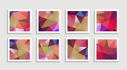 Modern mosaic low poly artwork poster set with simple shape and figure. Abstract minimalist pattern design style for web, banner, business presentation, branding package, fabric print, wallpaper.