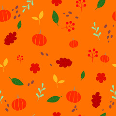 Fototapeta na wymiar Pumpkin, leaf, berry, flower, herbal tea leaf and fern flat design seamless pattern vector for decoration on autumn season events.