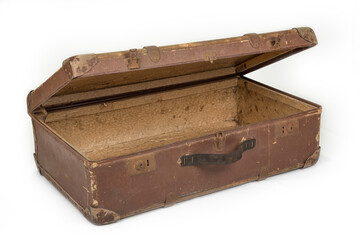 Old brown retro suitcase on a white background