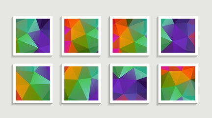 Modern mosaic low poly artwork poster set with simple shape and figure. Abstract minimalist pattern design style for web, banner, business presentation, branding package, fabric print, wallpaper.