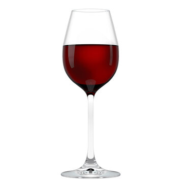 Red wine glass isolated on white background, closeup image. Transparent glass, front view, alcohol winery concept. Bordeaux, merlot grape red wineglass on white.