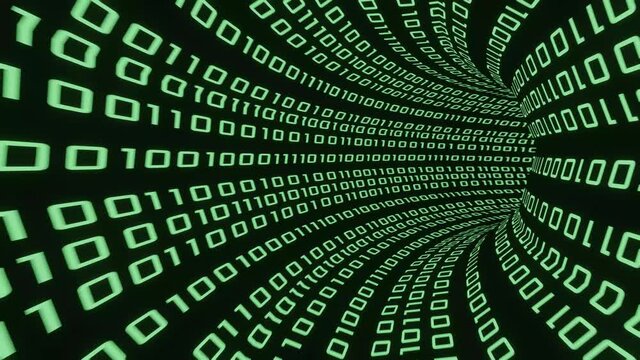 Abstract green binary tunnel. 3D rendered looping animation. Abstract seamless motion graphic background.