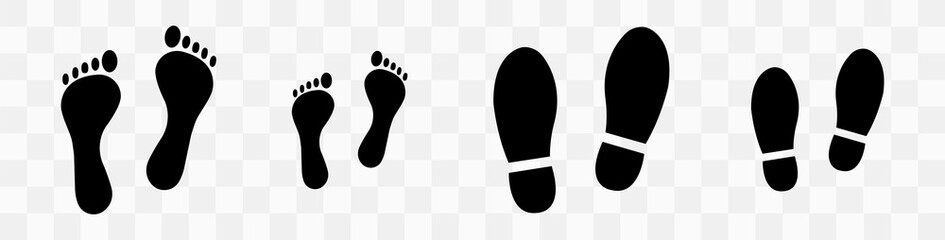 Different human footprints. Baby footprint - stock vector. Shoes for children and adults, adults and children's steps.