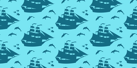Vector seamless pattern with ships, dolphins and fish. Blue silhouette illustration, repeating sea endless background