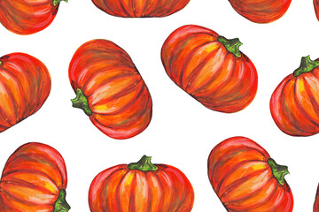 Colorful seamless pattern with pumkins. Bright orange, red and green colours. Autumn harvest. Halloween decorations. Great for festive decoration, textile, wrapping paper, scrapbooking and card design