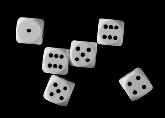 White gambling die, dice for tabletop games and poker isolated on black background, top view