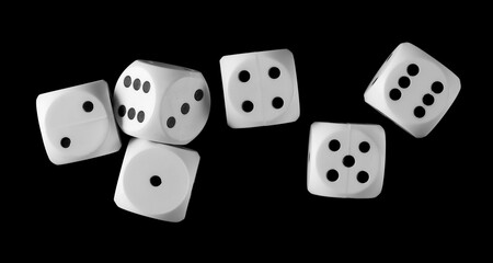 White gambling die, dice for tabletop games and poker isolated on black background, top view