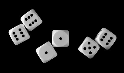 White gambling die, dice for tabletop games and poker isolated on black background, top view