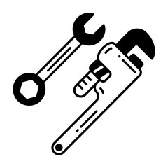 Plumber and Handyman Fix Steel Tools Vector glyph Icon Design, Open and Close End concave rib and Red Pipe wrench Tool, 