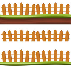 Cartoon rural wooden fence in green grass vector illustration. Wood farm fence outdoor.