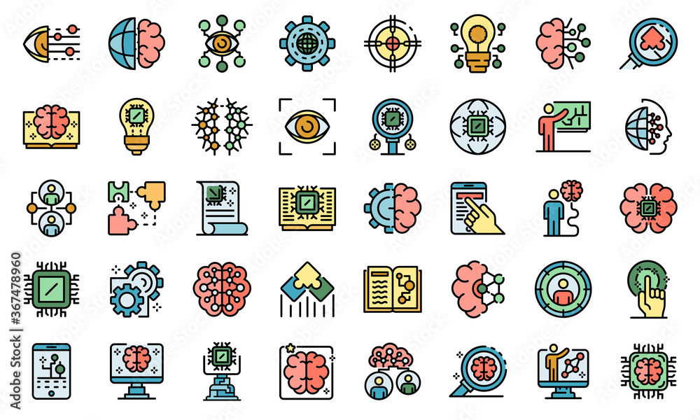 Poster machine learning icons set. outline set of machine learning vector icons thin line color flat on whi