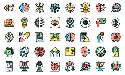 Machine learning icons set. Outline set of machine learning vector icons thin line color flat on white