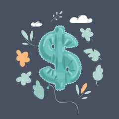 Cartoon illustration of green symbol dollar inflatable air balloon isolated on dark background.