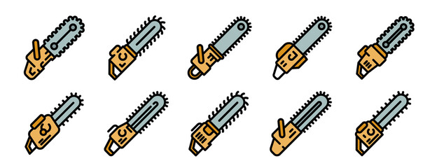 Chainsaw icons set. Outline set of chainsaw vector icons thin line color flat on white