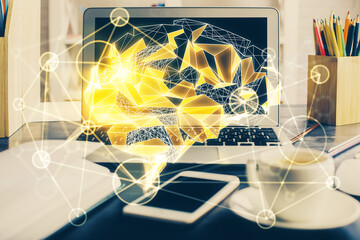 Double exposure of desktop computer and human brain drawing hologram. Ai concept.
