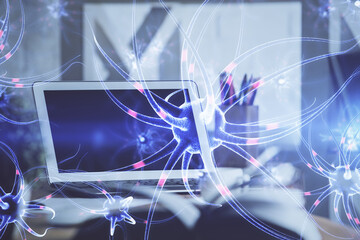 Desktop computer background and neuron drawing. Double exposure. Education concept.