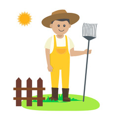 Man with a rake in the garden, vector illustration. Male raker character 