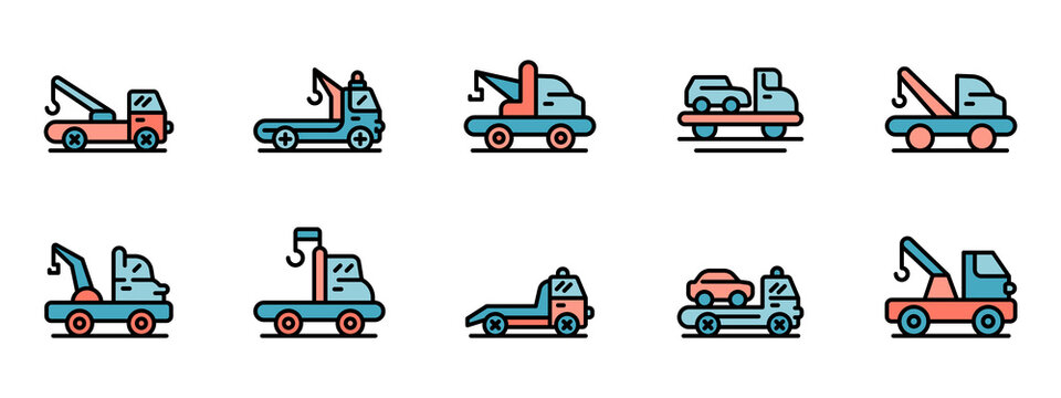 Tow truck icons set. Outline set of tow truck vector icons thin line color flat on white