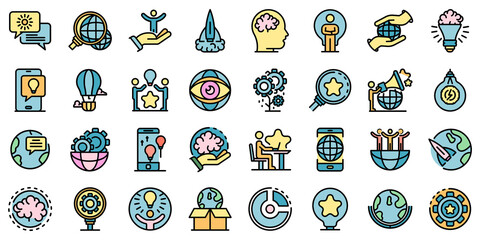 Innovation icons set. Outline set of innovation vector icons thin line color flat on white