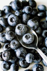Fresh ripe blueberry on spoon. Dark background of sweet black berries