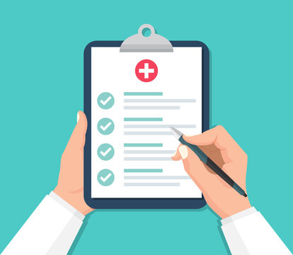 Doctor hands holding clipboard with checklist for medical report in a flat design