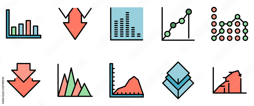 Poster regression icons set. outline set of regression vector icons thin line color flat on white