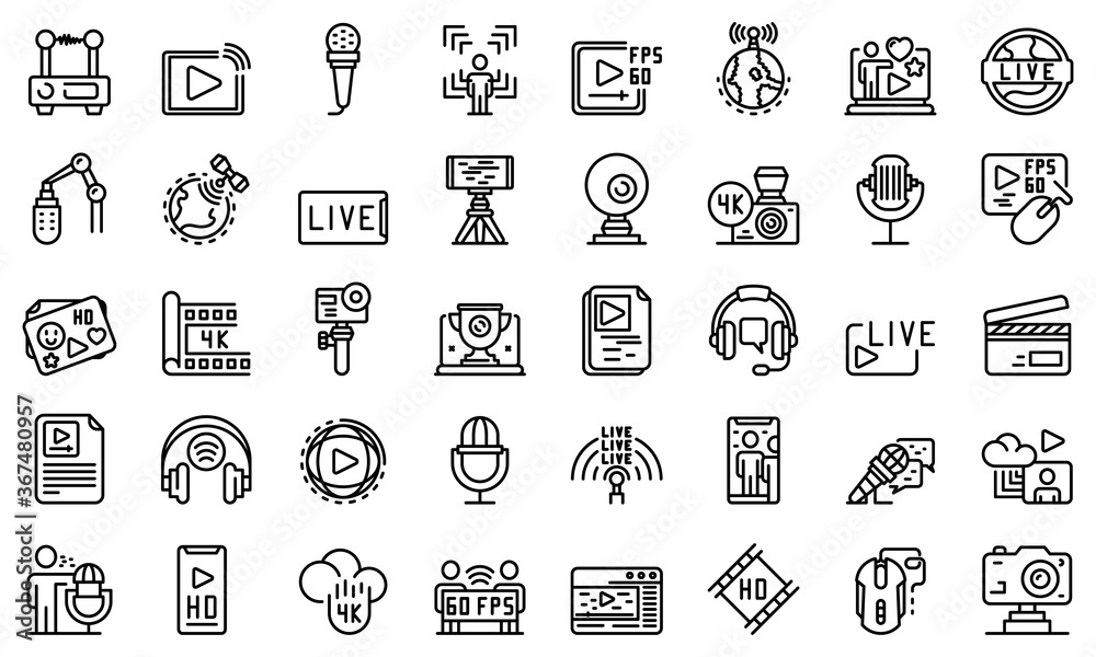 Poster stream icons set. outline set of stream vector icons for web design isolated on white background