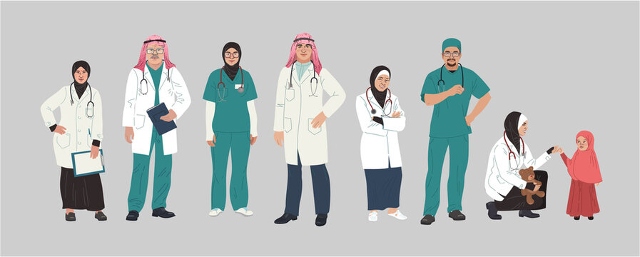 Medical Characters Portraits. Middle Eastern Medics. Arab doctors and nurses portraits, team of doctors concept. Muslim modern flat vector concept digital people vector illustration