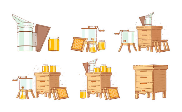 Equipment for beekeeping. Collect and produce honey. Vector illustration.