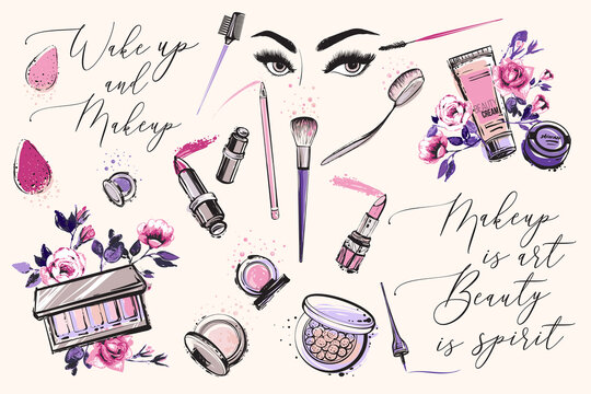 Makeup tools and lettering. Vector fashion illustrations with watercolor style paint splashes. Stylish and beautiful graphic on white background. Design for logo, t shirt and uniform for beauty salon