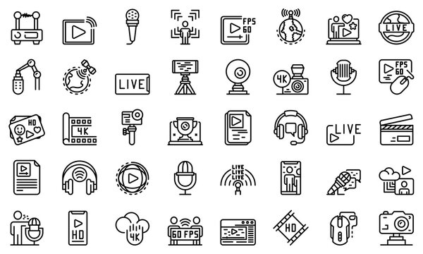 Stream icons set. Outline set of stream vector icons for web design isolated on white background