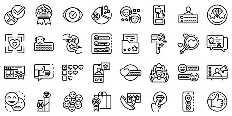 Product review icons set. Outline set of product review vector icons for web design isolated on white background