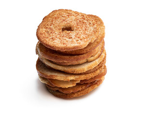 Stack of mini toasts bread isolated on white background