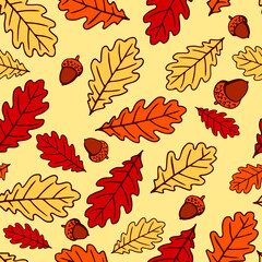 Obraz premium Seamless pattern with acorns and autumn oak leaves in orange, beige, brown and yellow. Perfect for wallpaper, gift paper, pattern fills, web page background, autumn greeting cards.