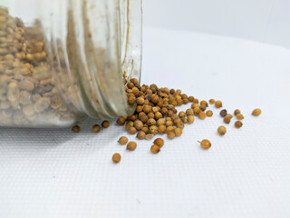 dried coriander seeds in the glass bottle, isolated on white background