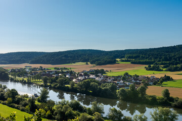 Scenic view over the village Matting and the river danube near Regensburg, Bavaria, Germany on sunny summer day with clear sky