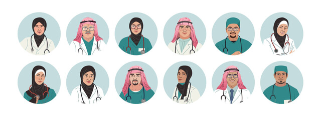 Medical Characters Portraits. Middle Eastern Medics. Arab doctors and nurses portraits, team of doctors concept. Muslim modern flat vector concept digital people vector illustration