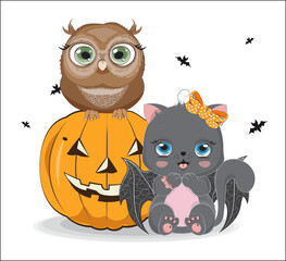 black Halloween cat girl and owl on pumpkin